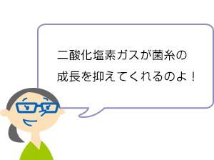 二酸化塩素ガスが、菌糸の成長を抑えてくれるのよ！