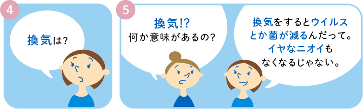 4 換気は? 5 換気!? 何か意味があるの? 換気をするとウイルスとか菌が減るんだって。いやなニオイもなくなるじゃない。